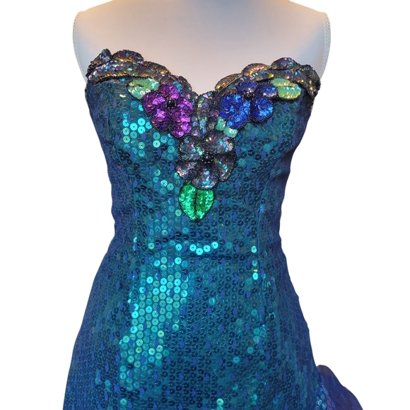 Vintage 80s Loralie Original Green Blue Teal Sequin Mesh Strapless Mermaid Dress - Picture 2 of 10